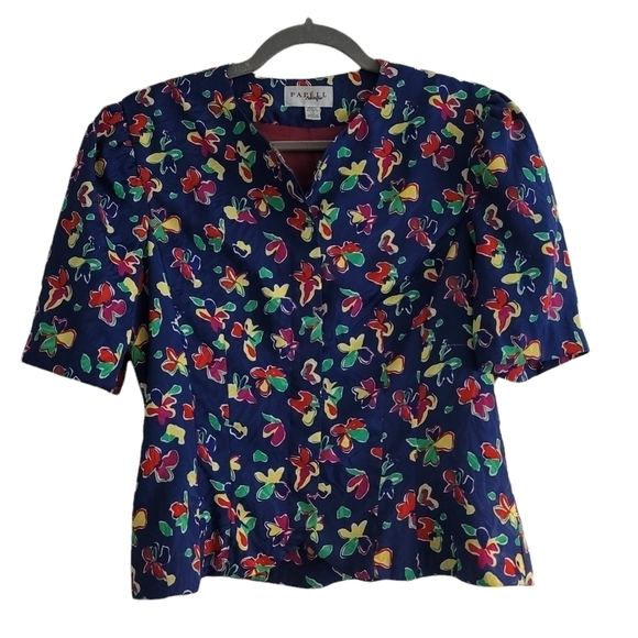 VTG Papéll Boutique Blue Bold Floral Button Up Top Blouse - Picture 1 of 8